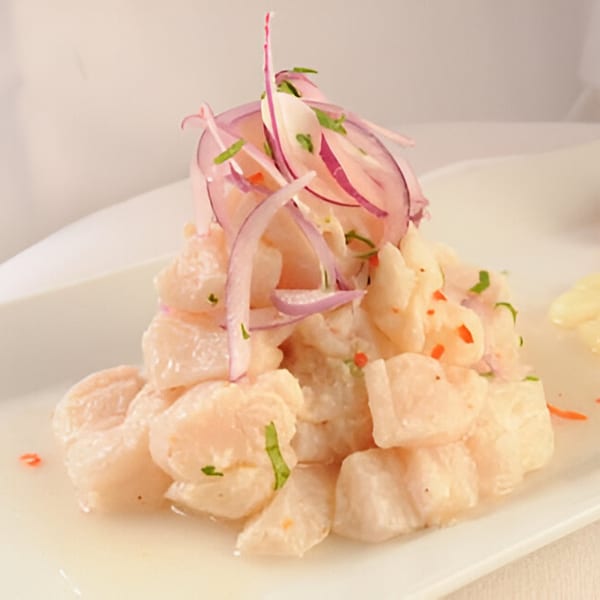 Peruvian ceviche with white fish, red onions, and cilantro on a white plate at El Pollo Inka Miami.