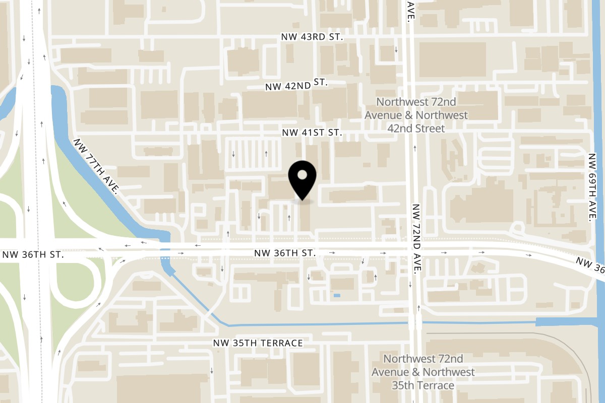 Map showing the location of El Pollo Inka Miami on 7285 NW 36th St in Miami